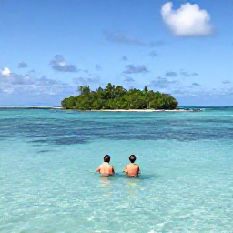 Caribbean Holidays, September Couples Holidays, A couple swimming in crystal-clear turquoise water beside a small tropical island near the Dominican Republic, bright skies and gentle September waves