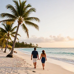 Caribbean Holidays, September Couples Holidays, A couple walking along a quiet palm-fringed beach in the Dominican Republic at sunrise, warm September light and calm turquoise sea