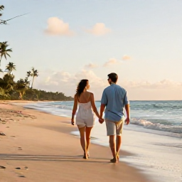 Caribbean Holidays, September Couples Holidays, A couple walking hand in hand along a quiet golden beach in Tobago beneath soft September sunshine