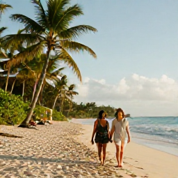 Caribbean Holidays, September Couples Holidays, A relaxed couple walking along a quiet palm-fringed beach in Barbados during a warm September morning