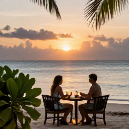 Caribbean Holidays, September Couples Holidays, A romantic beachfront table for two in the Dominican Republic at sunset, lanterns, tropical foliage and a calm Caribbean sea