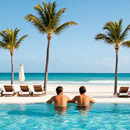 Caribbean Holidays, September Couples Holidays, An elegant beachfront resort in Punta Cana with a swimming pool, sun loungers, palm trees and a couple enjoying a relaxed September afternoon