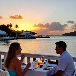 Caribbean Holidays, September Couples Holidays, Couple enjoying a sunset dinner at a waterfront restaurant in Gustavia, Saint Barth&eacute;lemy, warm evening light and harbour views