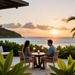 Caribbean Holidays, September Couples Holidays, Couple sharing a relaxed drink on a hotel terrace in Saint Barth&eacute;lemy at sunset, tropical plants and ocean views