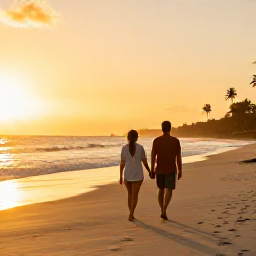 Caribbean Holidays, September Couples Holidays, Couple walking hand in hand along a quiet Caribbean beach at sunset, warm golden light, gentle waves