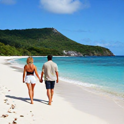 Caribbean Holidays, September Couples Holidays, Couple walking hand in hand along Gouverneur Beach in Saint Barth&eacute;lemy, clear water, soft sand and green hills