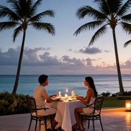 Caribbean Holidays, September Couples Holidays, Elegant Caribbean beachfront restaurant at dusk with a candlelit table for two, palm trees and calm ocean