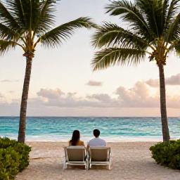 Caribbean Holidays, September Couples Holidays, Happy couple enjoying a quiet Barbados resort with palm trees, turquoise sea and soft late-afternoon light