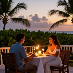 Caribbean Holidays, September Couples Holidays, Romantic candlelit dinner for two on a Barbados terrace with tropical greenery and a warm evening sky