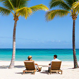 Caribbean Holidays, September Couples Holidays, Romantic Caribbean resort with palm trees, turquoise sea, sun loungers and a couple enjoying a relaxed morning