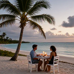 Caribbean Holidays, September Couples, Romantic beachfront dinner for two at sunset on Grace Bay Beach, Turks and Caicos, with candles, palm trees and calm turquoise water