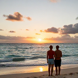 Caribbean Holidays, September Couples, Romantic evening on a Saint Martin beach with a couple watching the sunset, gentle waves and warm Caribbean colours