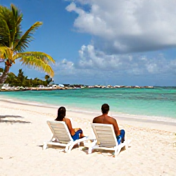Caribbean Holidays, September Couples, Romantic secluded beach on Saint Martin with two sun loungers, turquoise water and palm trees under a partly cloudy September sky