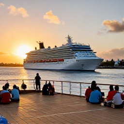 Caribbean Holidays, September Cruises, A Bermuda cruise ship in port at sunset, with passengers enjoying the deck and the island coastline behind it
