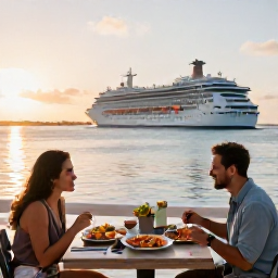Caribbean Holidays, September Cruises, A couple enjoying fresh seafood at a relaxed waterfront restaurant in Grand Turk at sunset