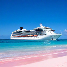 Caribbean Holidays, September Cruises, A modern cruise ship sailing towards Bermuda beneath a bright blue sky, with pink beaches and turquoise water in the distance