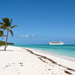 Caribbean Holidays, September Cruises, A peaceful white sand beach and calm turquoise sea on Grand Turk, with palm trees and a cruise ship in the distance