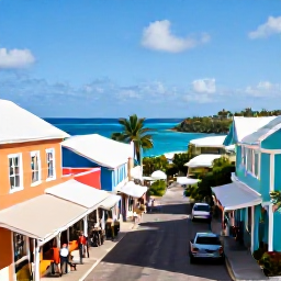 Caribbean Holidays, September Cruises, Colourful Bermuda buildings and streets in Hamilton, with visitors exploring shops and waterfront views on a sunny day