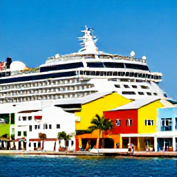 Caribbean Holidays, September Cruises, Colourful Caribbean harbour with a cruise ship, palm trees, bright buildings and passengers exploring ashore