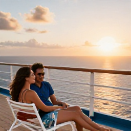 Caribbean Holidays, September Cruises, Happy couple relaxing on a Caribbean cruise ship balcony at sunset with the sea stretching into the distance