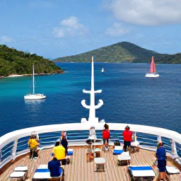 Caribbean Holidays, September Cruises, Passengers enjoying a British Virgin Islands cruise deck overlooking Tortola, tropical hills, blue water and scattered sailing boats