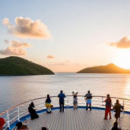 Caribbean Holidays, September Cruises, Passengers enjoying an outdoor cruise deck at sunset near the US Virgin Islands, with calm sea, warm light and distant green islands