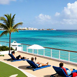 Caribbean Holidays, September Cruises, Passengers relaxing on a Barbados cruise deck with turquoise sea, palm trees and Bridgetown in the distance