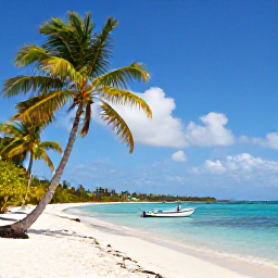 Caribbean Holidays, September Cruises, Peaceful Caribbean beach with palm trees, calm turquoise water and a small boat near the shore in September