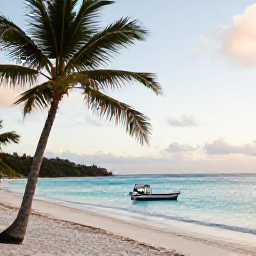 Caribbean Holidays, September Cruises, Quiet British Virgin Islands beach with palm trees, turquoise water, a small boat and soft afternoon light