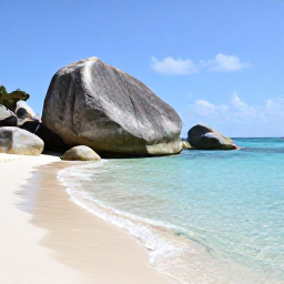 Caribbean Holidays, September Cruises, The Baths at Virgin Gorda with giant granite boulders, sandy beach and clear Caribbean water under a sunny sky