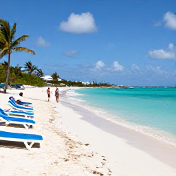 Caribbean Holidays, September Cruises, Visitors relaxing on a beautiful pink-sand beach in Bermuda, with clear turquoise sea, sun loungers and palm trees