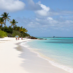 Caribbean Holidays, September Culture, A peaceful Turks and Caicos beach in September with calm turquoise water, palm trees and a small group of visitors enjoying the island atmosphere