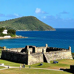 Caribbean Holidays, September Culture, Historic Fort Louis overlooking Marigot Bay, with green hills, blue sea and visitors exploring the stone ruins in clear Caribbean light