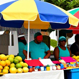 Caribbean Holidays, September Culture, Outdoor market in Marigot with tropical fruit, spices, handmade crafts and friendly local traders beneath colourful umbrellas