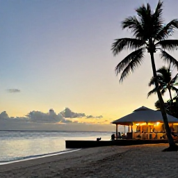 Caribbean Holidays, September Culture, Quiet Caribbean beach near Grand Case at sunset, with calm sea, palm trees and a small local restaurant glowing in the background