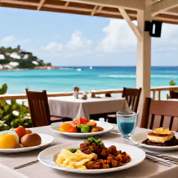 Caribbean Holidays, September Culture, Traditional Caribbean meal with French and island influences served at an open-air restaurant beside the sea in Saint Martin