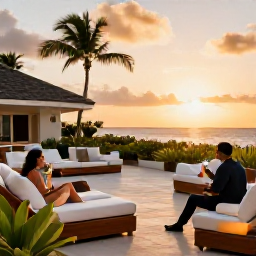 Caribbean Holidays, September Cura&ccedil;ao, Elegant adults-only resort terrace in Cura&ccedil;ao at sunset, with comfortable loungers, tropical plants and a couple enjoying cocktails