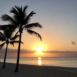 Caribbean Holidays, September Cura&ccedil;ao, Relaxed Cura&ccedil;ao sunset over a sandy beach with palm silhouettes, calm Caribbean sea and warm evening light