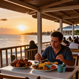 Caribbean Holidays, September Cura&ccedil;ao, Solo diner enjoying fresh seafood at a relaxed open-air restaurant in Cura&ccedil;ao at sunset