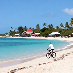Caribbean Holidays, September Cycling Holidays, Cyclist beside a quiet beach on Tobago, with turquoise water, palm trees and a relaxed tropical village atmosphere