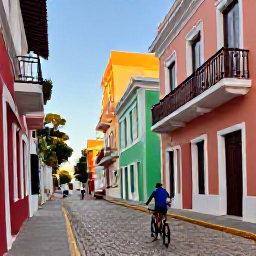 Caribbean Holidays, September Cycling Holidays, Cyclist exploring colourful Old San Juan streets with colonial buildings and warm evening light