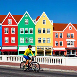 Caribbean Holidays, September Cycling Holidays, Cyclist exploring Willemstad, Cura&ccedil;ao, passing brightly coloured Dutch Caribbean buildings and the Queen Emma Bridge