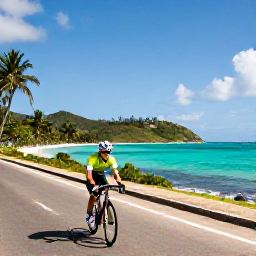 Caribbean Holidays, September Cycling Holidays, Cyclist on a scenic coastal road in Puerto Rico with turquoise sea, palms and distant hills