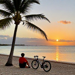 Caribbean Holidays, September Cycling Holidays, Cyclist resting beside a quiet Cura&ccedil;ao beach at sunset, with bicycle, palm trees and calm turquoise water