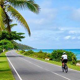 Caribbean Holidays, September Cycling Holidays, Cyclist riding along a quiet coastal road in Trinidad and Tobago in September, tropical greenery and blue sea nearby