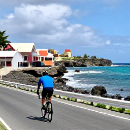 Caribbean Holidays, September Cycling Holidays, Cyclist riding along a sunny coastal road in Cura&ccedil;ao, with turquoise sea, rugged coastline and colourful buildings