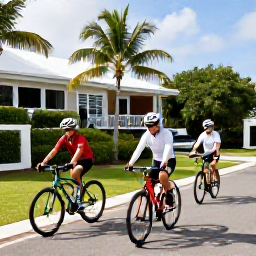 Caribbean Holidays, September Cycling Holidays, Friendly cyclists preparing bicycles outside a hotel in Cura&ccedil;ao, with tropical vegetation and bright morning light
