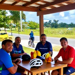 Caribbean Holidays, September Cycling Holidays, Friendly cyclists resting at a Caribbean roadside caf&eacute; in Trinidad and Tobago, helmets on a table and tropical fruit nearby