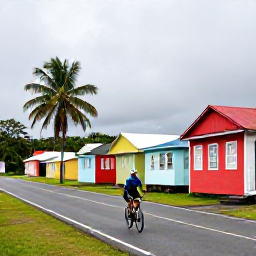 Caribbean Holidays, September Cycling Holidays, Road cyclist passing colourful houses and palm trees on a scenic Trinidad village road after a light tropical shower