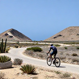 Caribbean Holidays, September Cycling Holidays, Road cyclist travelling beside a dry coastal landscape in Cura&ccedil;ao, with cacti, rocky hills and clear blue sky